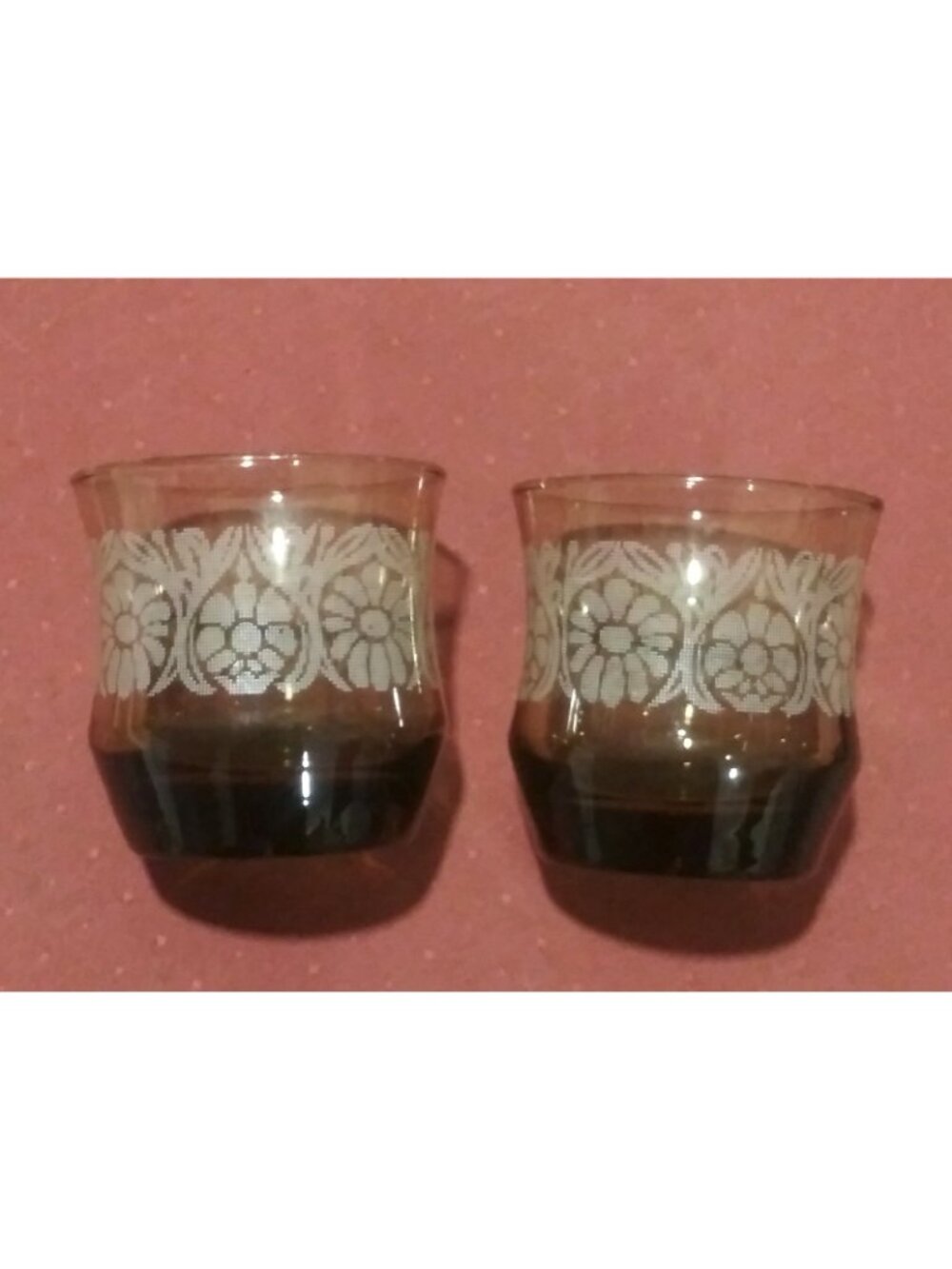2 VTG lowball glasses short tumblers ombre brown white flowers 3.25" rocks glass